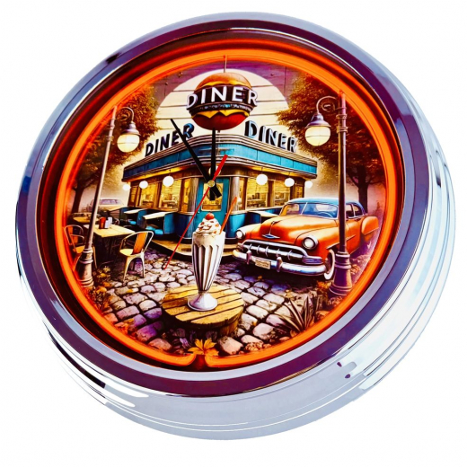 N-0688 Diner Nr.4 - Große Neon-Uhr 17" Zoll Retro Wanduhr