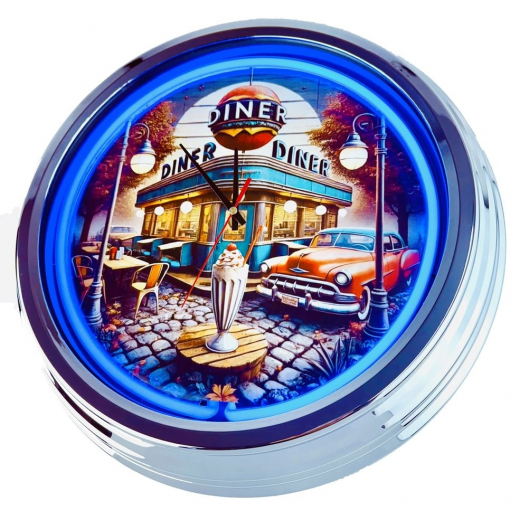N-0688 Diner Nr.4 - Große Neon-Uhr 17" Zoll Retro Wanduhr