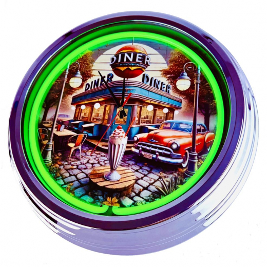 N-0688 Diner Nr.4 - Große Neon-Uhr 17" Zoll Retro Wanduhr