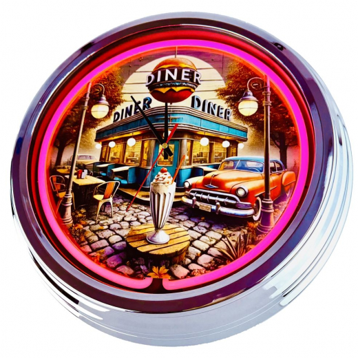 N-0688 Diner Nr.4 - Große Neon-Uhr 17" Zoll Retro Wanduhr