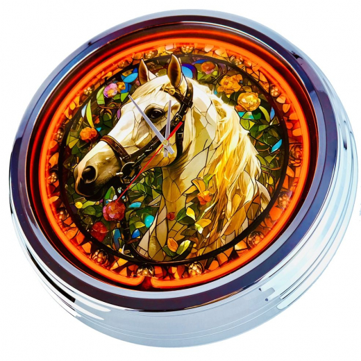 N-0869 Pferd 1, Große Neon-Uhr 17" Zoll Retro Wanduhr