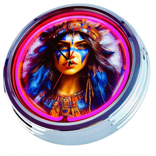 N-0847 Indianerin Große Neon-Uhr 17" Zoll Retro Wanduhr