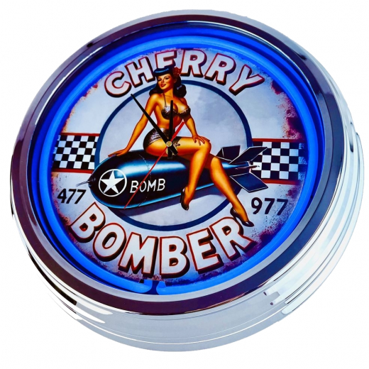 N-0826 Cherry Bomber Pin-Up Große Neon-Uhr 17" Zoll Retro Wanduhr