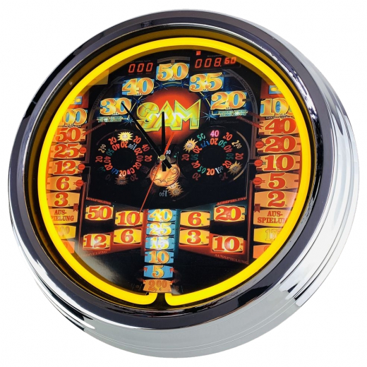 N-0813 Geldspielautomat Merkur SAM Große Neon-Uhr 17" Zoll Retro Wanduhr