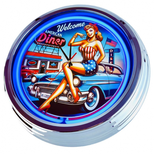 N-0689 Diner Nr.5 - Große Neon-Uhr 17" Zoll Retro Wanduhr