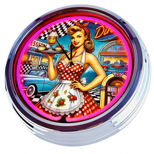 N-0690 Diner Nr.6 - Große Neon-Uhr 17" Zoll Retro Wanduhr