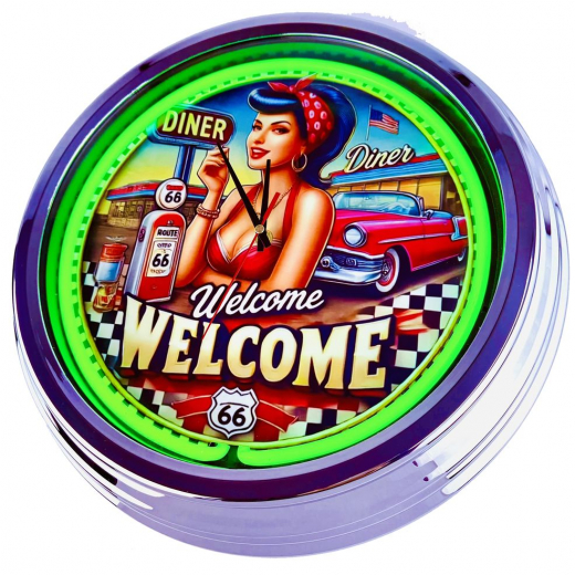 N-0686 Diner Nr.2 - Große Neon-Uhr 17" Zoll Retro Wanduhr