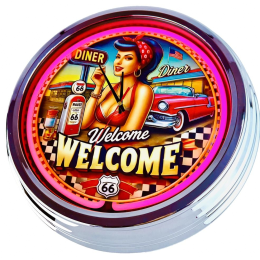 N-0686 Diner Nr.2 - Große Neon-Uhr 17" Zoll Retro Wanduhr