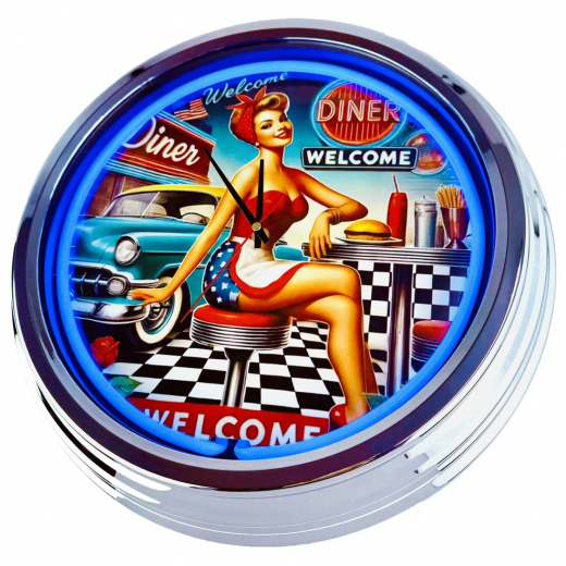 N-0687 Diner Nr.3 - Große Neon-Uhr 17" Zoll Retro Wanduhr