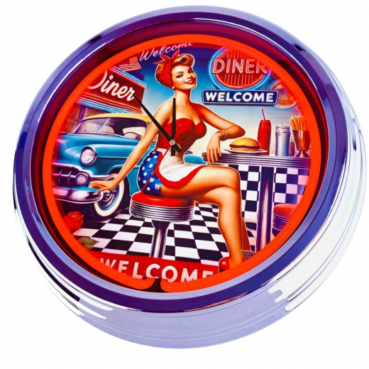 N-0687 Diner Nr.3 - Große Neon-Uhr 17" Zoll Retro Wanduhr