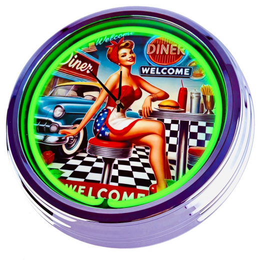 N-0687 Diner Nr.3 - Große Neon-Uhr 17" Zoll Retro Wanduhr