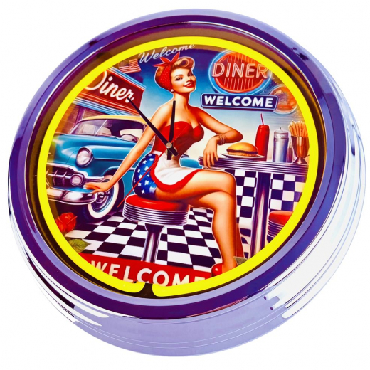 N-0687 Diner Nr.3 - Große Neon-Uhr 17" Zoll Retro Wanduhr