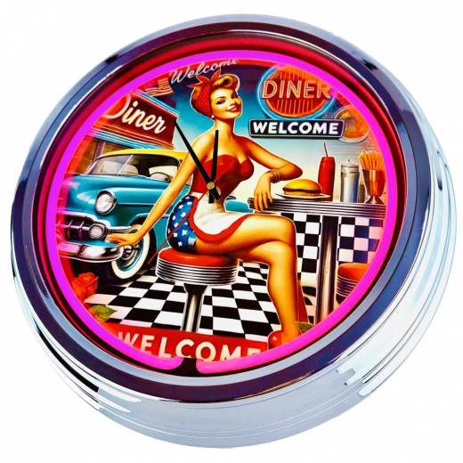 N-0687 Diner Nr.3 - Große Neon-Uhr 17" Zoll Retro Wanduhr