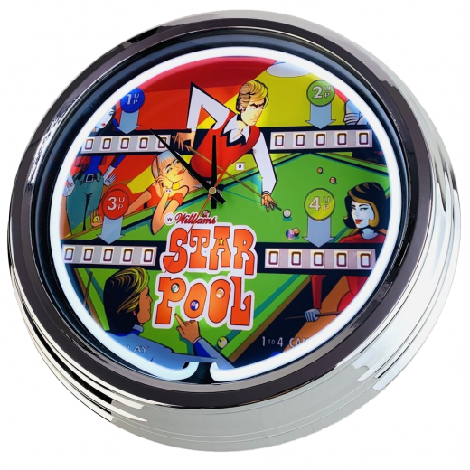 N-0759 Flipper Star Pool Williams 1974 Große Neon-Uhr 17" Zoll Retro Wanduhr