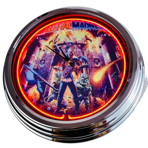 N-0506 Flipper Medieval Madness Große Neon-Uhr 17" Zoll Retro Wanduhr