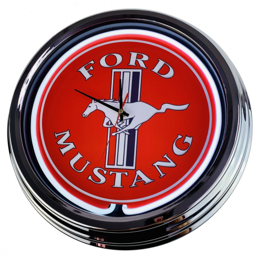 N-0208 Mustang rot Große Neon-Uhr 17" Zoll Retro Wanduhr