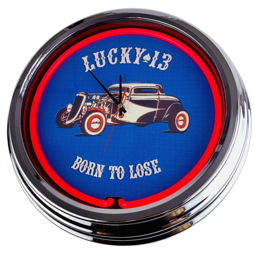 N-0272 Lucky 13 Große Neon-Uhr 17" Zoll Retro Wanduhr