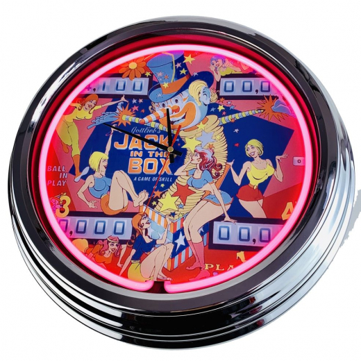 N-0579 Flipper Jack in the Box Gottlieb 1973 Große Neon-Uhr 17" Zoll Retro Wanduhr