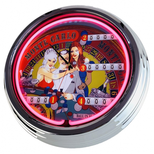 N-0595 Flipper Mote Carlo Bally 1973 Große Neon-Uhr 17" Zoll Retro Wanduhr