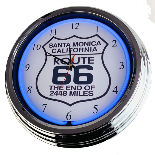 N-0602 Route 66 Santo Monica Californien Große Neon-Uhr 17" Zoll Retro Wanduhr