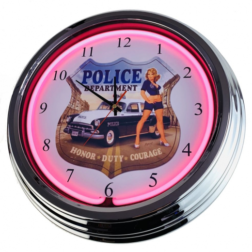 N-0603 Police Department Große Neon-Uhr 17" Zoll Retro Wanduhr