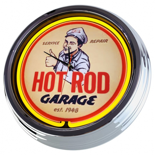 N-0644 Hot Rod Garage est. 1948 Große Neon-Uhr 17" Zoll Retro Wanduhr