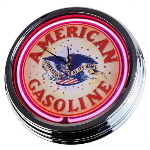 N-0659 American Gasoline Große Neon-Uhr 17" Zoll Retro Wanduhr