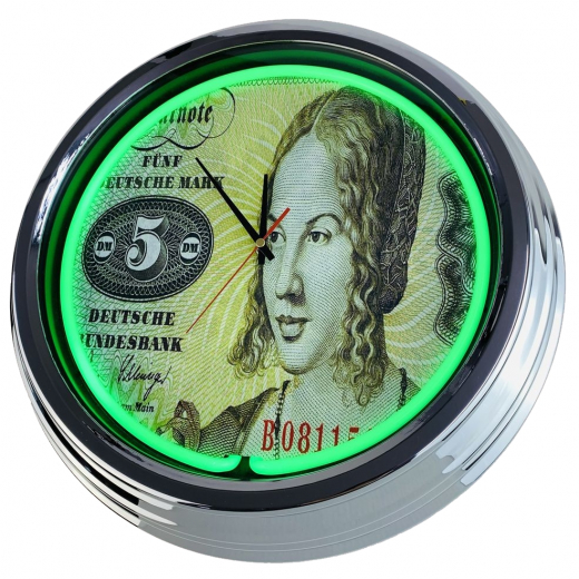 N-0670 5 Deutsche Mark Schein Große Neon-Uhr 17" Zoll Retro Wanduhr
