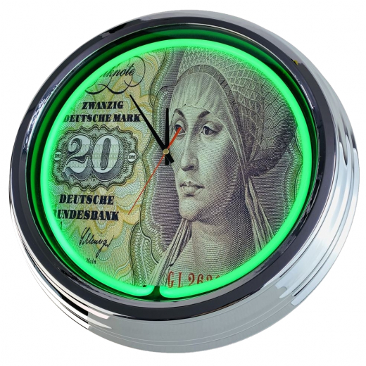 N-0672 20 Deutsche Mark Schein Große Neon-Uhr 17" Zoll Retro Wanduhr