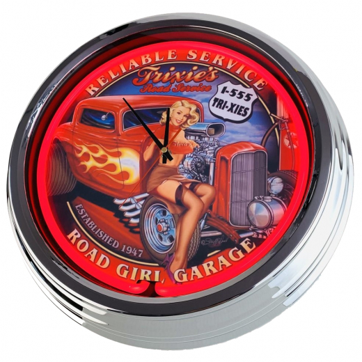 N-0679 Road Girl Garage Große Neon-Uhr 17" Zoll Retro Wanduhr