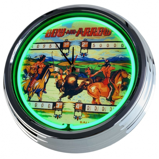 N-0708 Flipper Bow and Arrow Bally 1974 Große Neon-Uhr 17" Zoll Retro Wanduhr