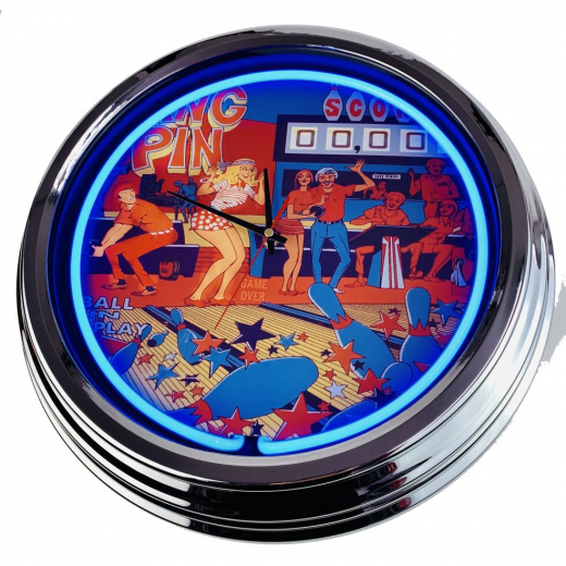 N-0593 Flipper King Pin Gottlieb 1973 Große Neon-Uhr 17" Zoll Retro Wanduhr