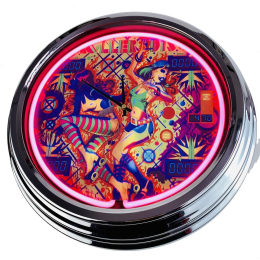 N-0528 Flipper Roller Disco Gottlieb 1980 Große Neon-Uhr 17" Zoll Retro Wanduhr