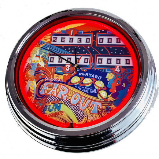 N-0559 Flipper Far Out Gottlieb 1974 Große Neon-Uhr 17" Zoll Retro Wanduhr