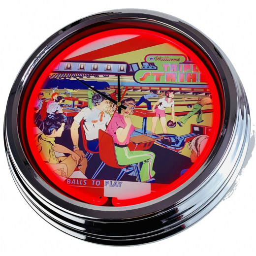 N-0569 Flipper Triple Strike Williams 1975 Große Neon-Uhr 17" Zoll Retro Wanduhr