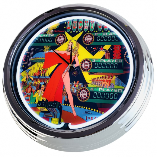 N-0729 Flipper Lucky Seven Williams 1978 Große Neon-Uhr 17" Zoll Retro Wanduhr