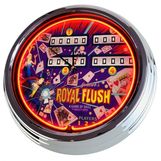 N-0735 Flipper Royal Flush Gottlieb 1976 Große Neon-Uhr 17" Zoll Retro Wanduhr
