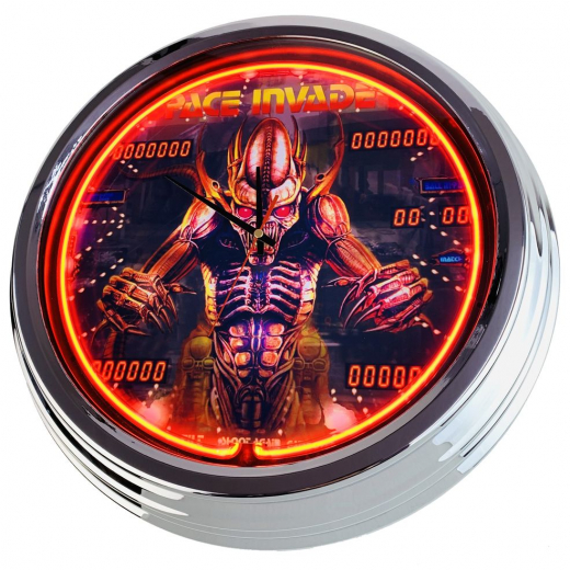N-0756 Flipper Space Invaders Bally 1979 Große Neon-Uhr 17" Zoll Retro Wanduhr