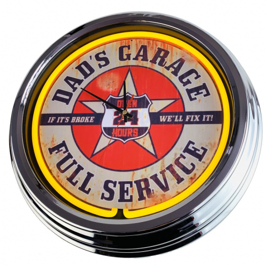 N-0326 Dads Garage Open 24 Hours Große Neon-Uhr 17" Zoll Retro Wanduhr