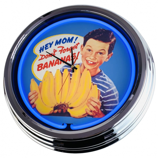 N-0332 Hey Mom! Don´t Forget Bananas! Große Neon-Uhr 17" Zoll Retro Wanduhr