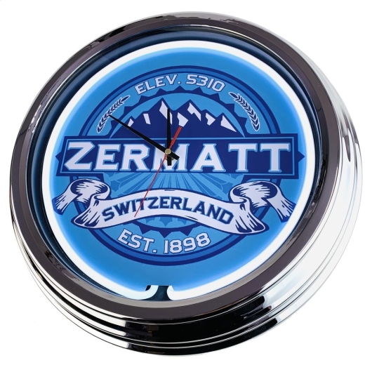 N-0361 Zermatt Switzerland EST. 1898 ELEV. 5310 Große Neon-Uhr 17" Zoll Retro Wanduhr