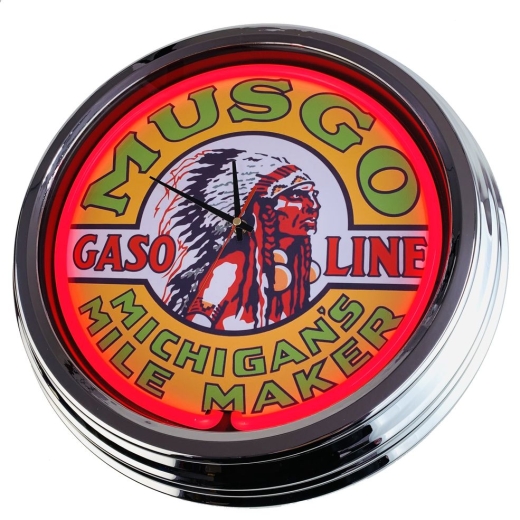 N-0363 Musgo Oil Michigan´s Mile Maker Große Neon-Uhr 17" Zoll Retro Wanduhr