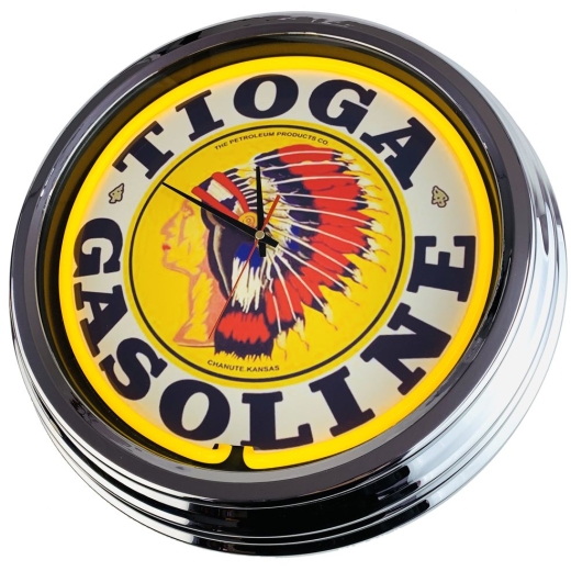 N-0376 Tioga Gasoline Große Neon-Uhr 17" Zoll Retro Wanduhr