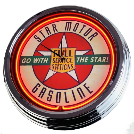 N-0398 Star Motor Gasoline Große Neon-Uhr 17" Zoll Retro Wanduhr