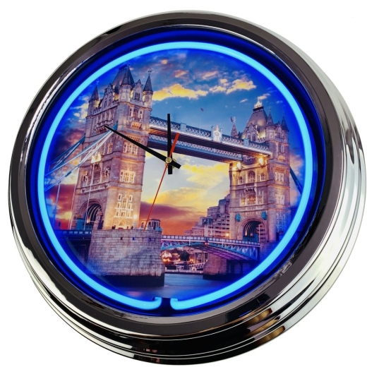 N-0408 Tower Bridge Große Neon-Uhr 17" Zoll Retro Wanduhr