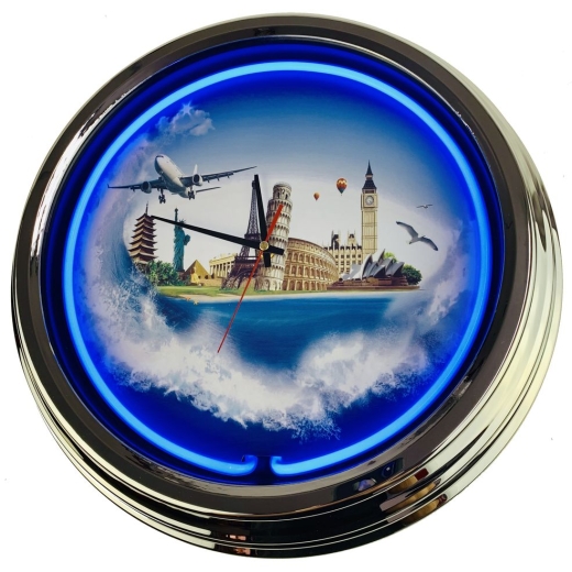 N-0418 Reisebüro Große Neon-Uhr 17" Zoll Retro Wanduhr