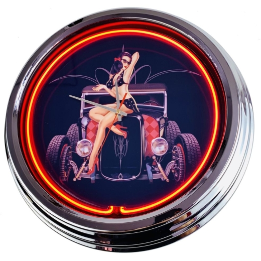 N-0421 Hot Rod Pin Up Große Neon-Uhr 17" Zoll Retro Wanduhr