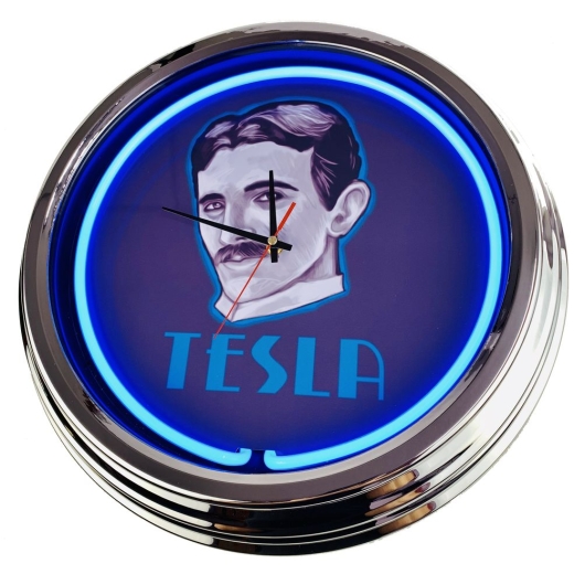 N-0435 Nikola Tesla Große Neon-Uhr 17" Zoll Retro Wanduhr