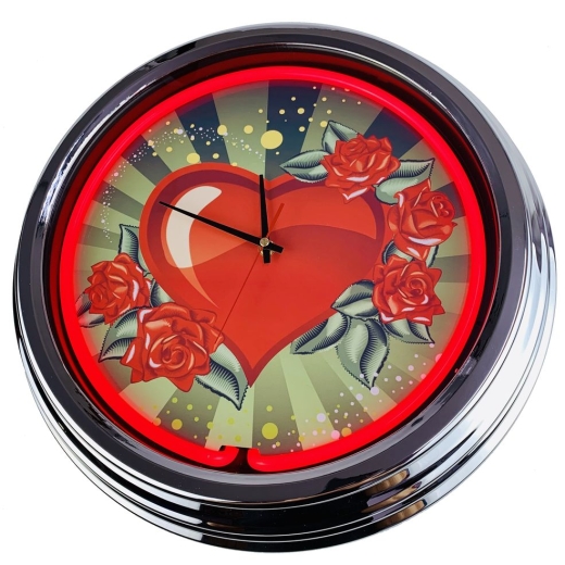 N-0436 Rosen-Herz Große Neon-Uhr 17" Zoll Retro Wanduhr