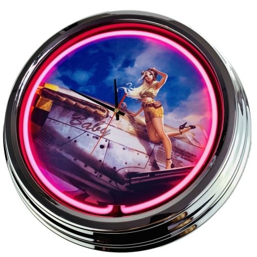 N-0450 Flugzeug Pin Up Girl Große Neon-Uhr 17" Zoll Retro Wanduhr